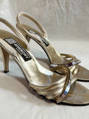 Vintage 70s Givenchy high heel sandals gold leather mirror size 7 slingback